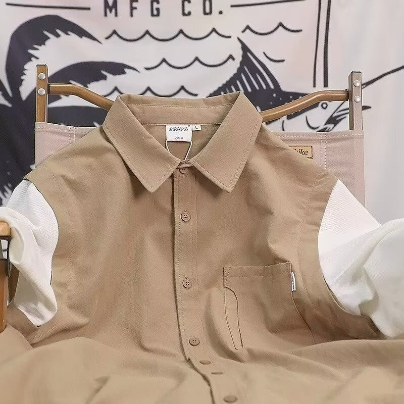 Summer Retro Fake Two-Piece Shirts For Men Casual Patchwork Short Sleeve Cargo Shirt 2025 New Pocket Y2K Streetwear Tee Tops