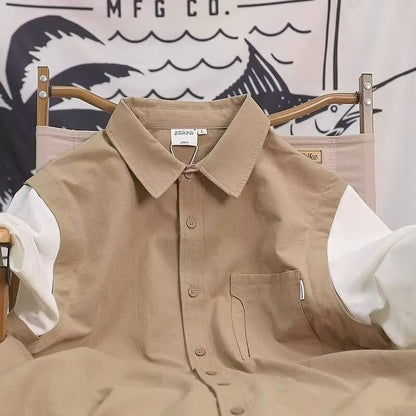 Summer Retro Fake Two-Piece Shirts For Men Casual Patchwork Short Sleeve Cargo Shirt 2025 New Pocket Y2K Streetwear Tee Tops