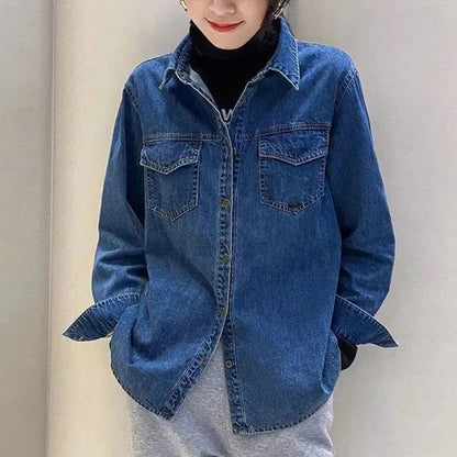 Korean Women Long Sleeve Jeans Shirt With Bottom Tops Coat Retro Style Female Spring Loose Cowboy Cardigan Blouse Denim  Jacket