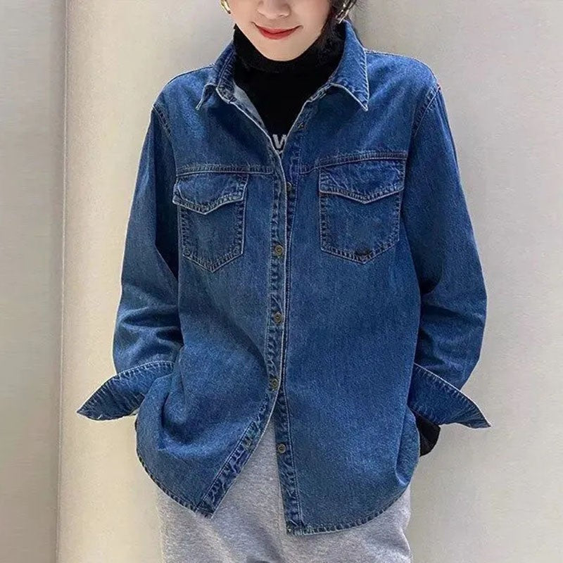 Korean Women Long Sleeve Jeans Shirt With Bottom Tops Coat Retro Style Female Spring Loose Cowboy Cardigan Blouse Denim  Jacket