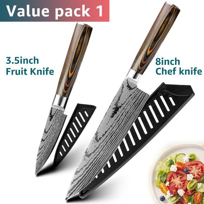 Conjunto de Facas de Cozinha 1-7PÇS Faca de Chef Japonesa Santoku 7CR17 Aço Inoxidável 440C Faca de Imitação de Damasco Cutelo de Carne Fatiador