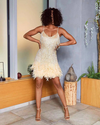 2024 Summer New Fashionable Framed Sequins Feather Patchwork Dress Colorful Amazon Direct Sales Women's Sleeveless Dress