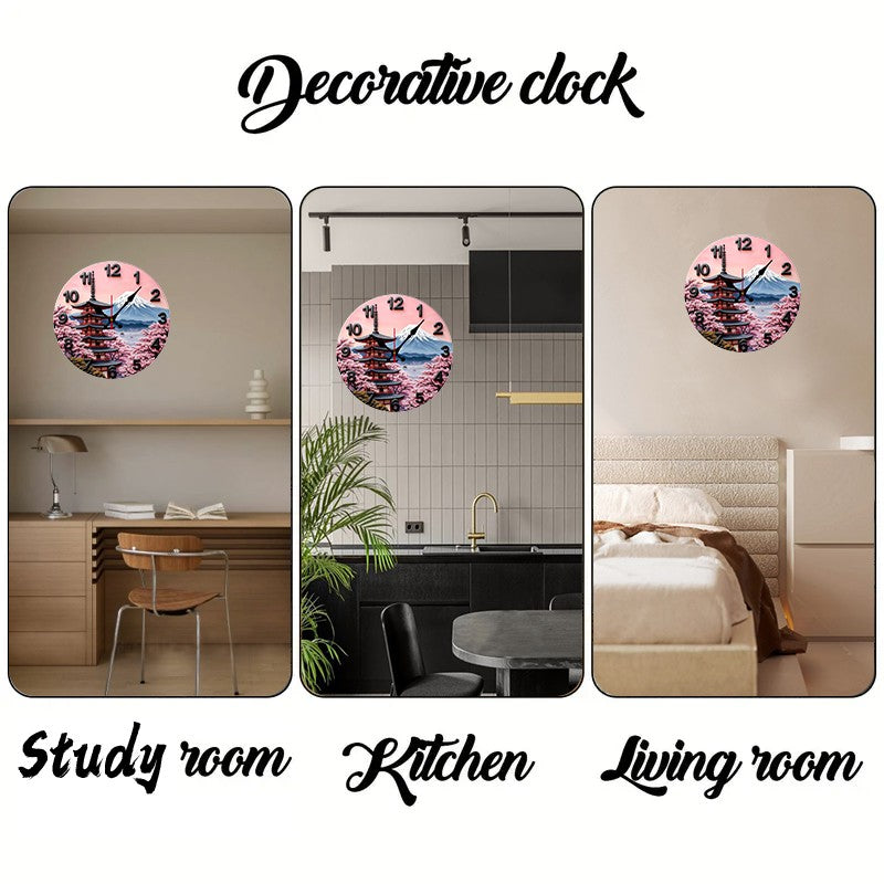 Mount Fuji Design Wooden Round Silent Hanging Wall Clock, Suitable For Living Room, Office, Study Room, Bedroom, Home Decoration