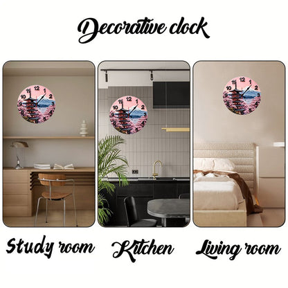 Mount Fuji Design Wooden Round Silent Hanging Wall Clock, Suitable For Living Room, Office, Study Room, Bedroom, Home Decoration