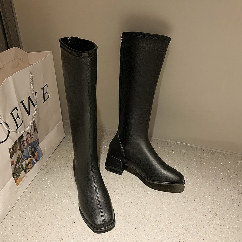 Women Black High Heel Long Boots Fashion Spring Autumn Warm Knee High Boots Soft Leather Thigh High Boots Shoes Zipper
