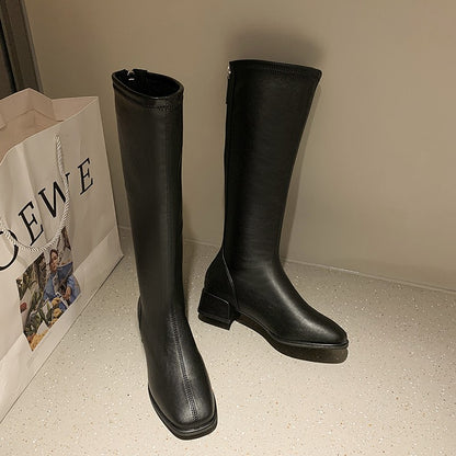 Women Black High Heel Long Boots Fashion Spring Autumn Warm Knee High Boots Soft Leather Thigh High Boots Shoes Zipper