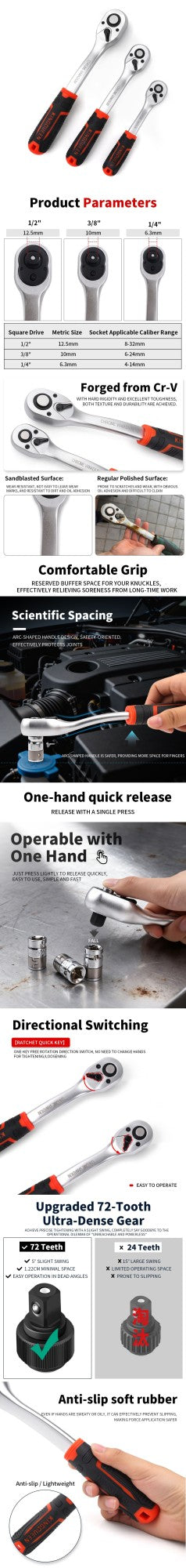 Chave Catraca Rápida Fosca Resistente a Óleo 72 Dentes Unidade de 1/4 3/8 1/2 Polegadas Soquete Bidirecional Chave Voadora Ferramenta Manual DIY de Reparo