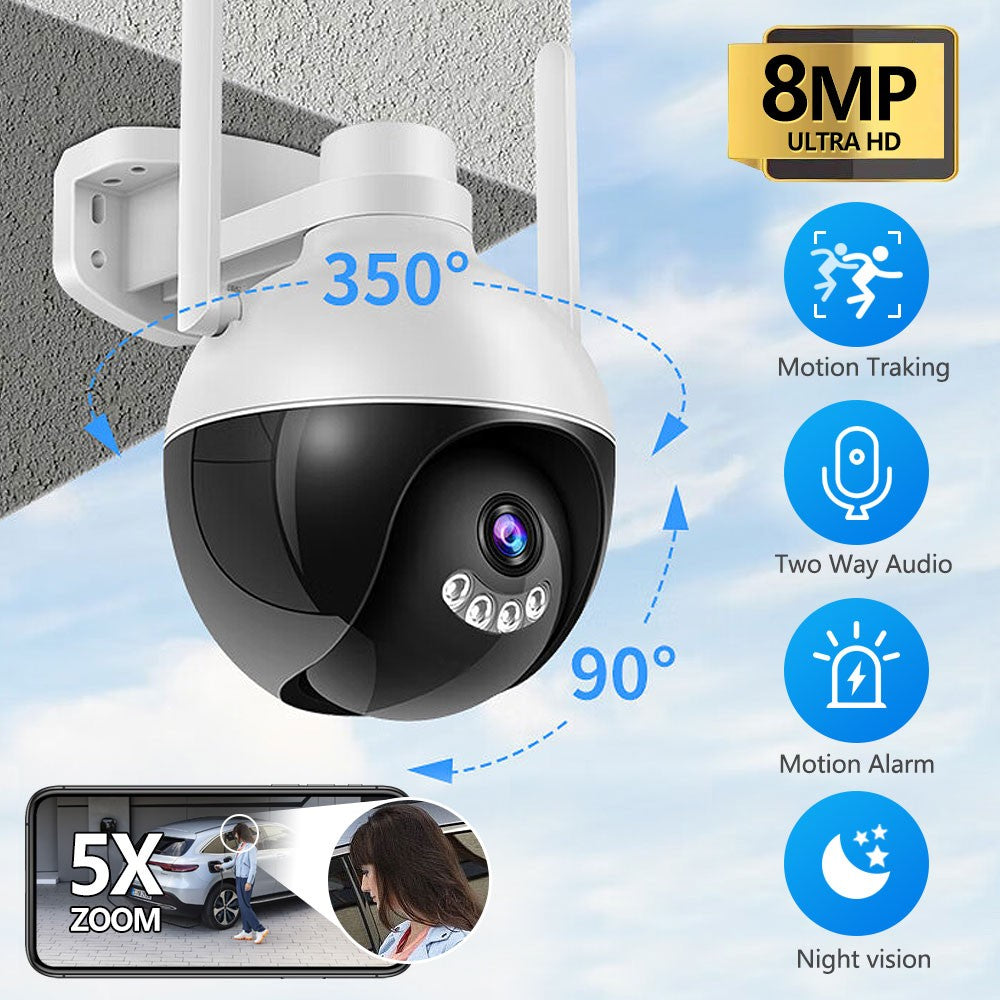 4K 8MP WiFi PTZ IP Camera Human Body Detection Indoor Outdoor Waterproof Color Night Vision Home Security Surveillance System