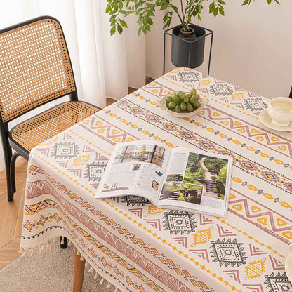 Vintage Boho Tassel Table Cloth Waterproof Cotton Linen Bohemian Tablecloth Patio Outdoor Wrinkle Free Table Protector Covers