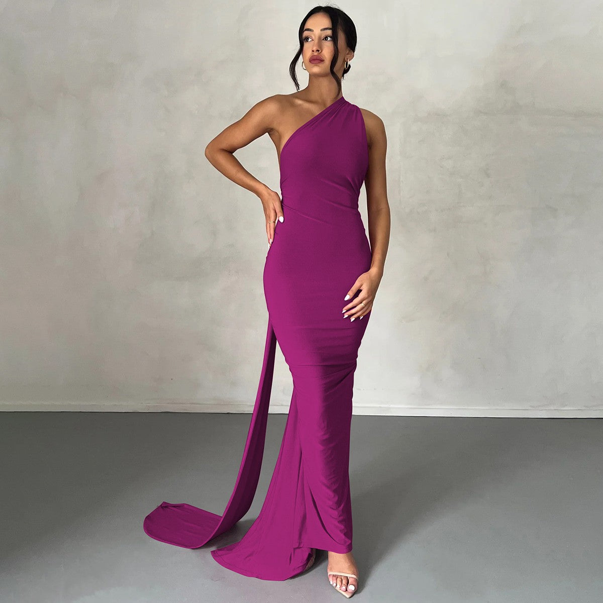 Hugcitar One Shoulder Backless Adjustable Scarf Loop Ruched Sexy Maxi Dress Wome