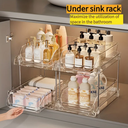 Pull-Out Under Sink Organizer with Shelf, Heavy-Duty Bathroom Storage Rack  No Tools Needed for Easy Installation, Clear Shelves
