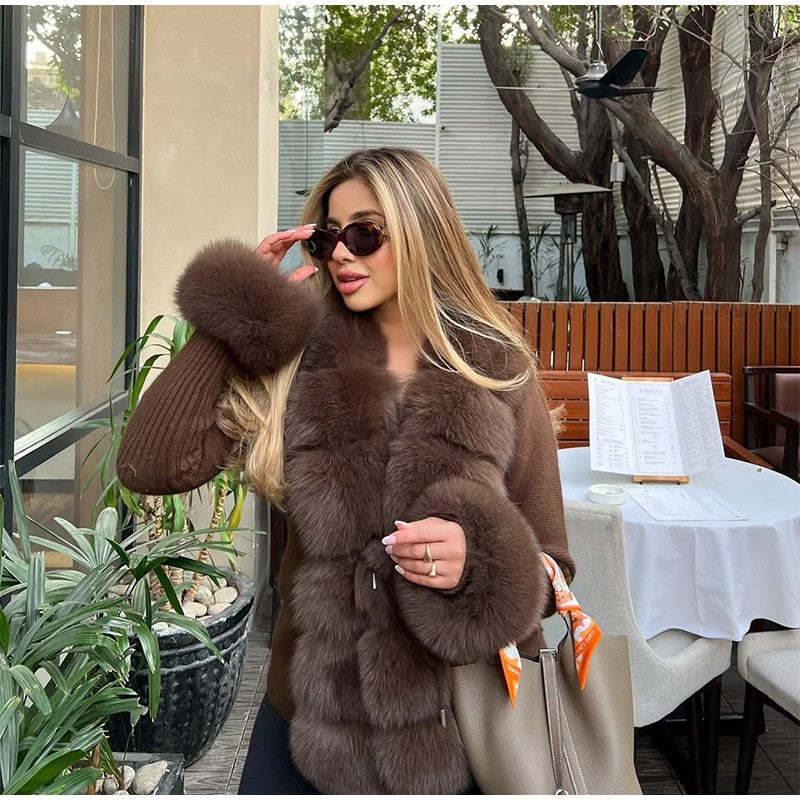 Elegant Knitted Faux Fur Patchwork Women's Coat Thicken Lady Coats 2025 Autumn Winter Chic Female Street Warm Outerwears