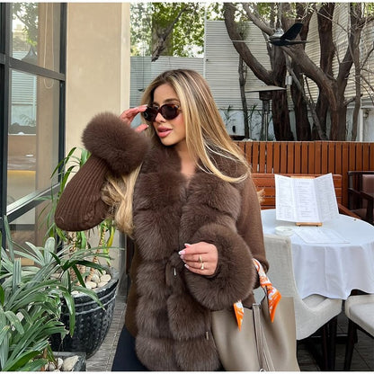 Elegant Knitted Faux Fur Patchwork Women's Coat Thicken Lady Coats 2025 Autumn Winter Chic Female Street Warm Outerwears