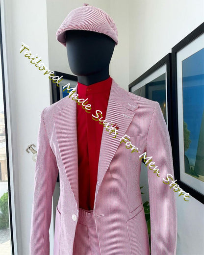 Summer Men'S Blazer Pink Seersucker Prom Dresses Slim Fit Men'S Suit Male Set 2 Pieces High Quality Luxury Jackets Trousers