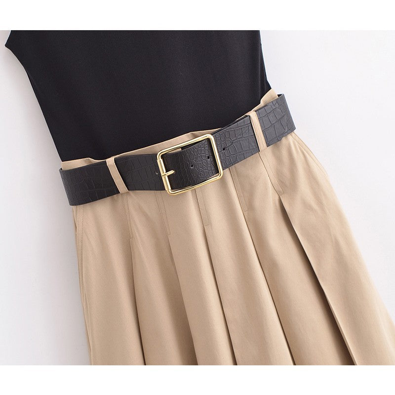 MUJER 2025 Woman Dresses Belt Pleated Midi Dress Women Sleeveless Summer Dress W