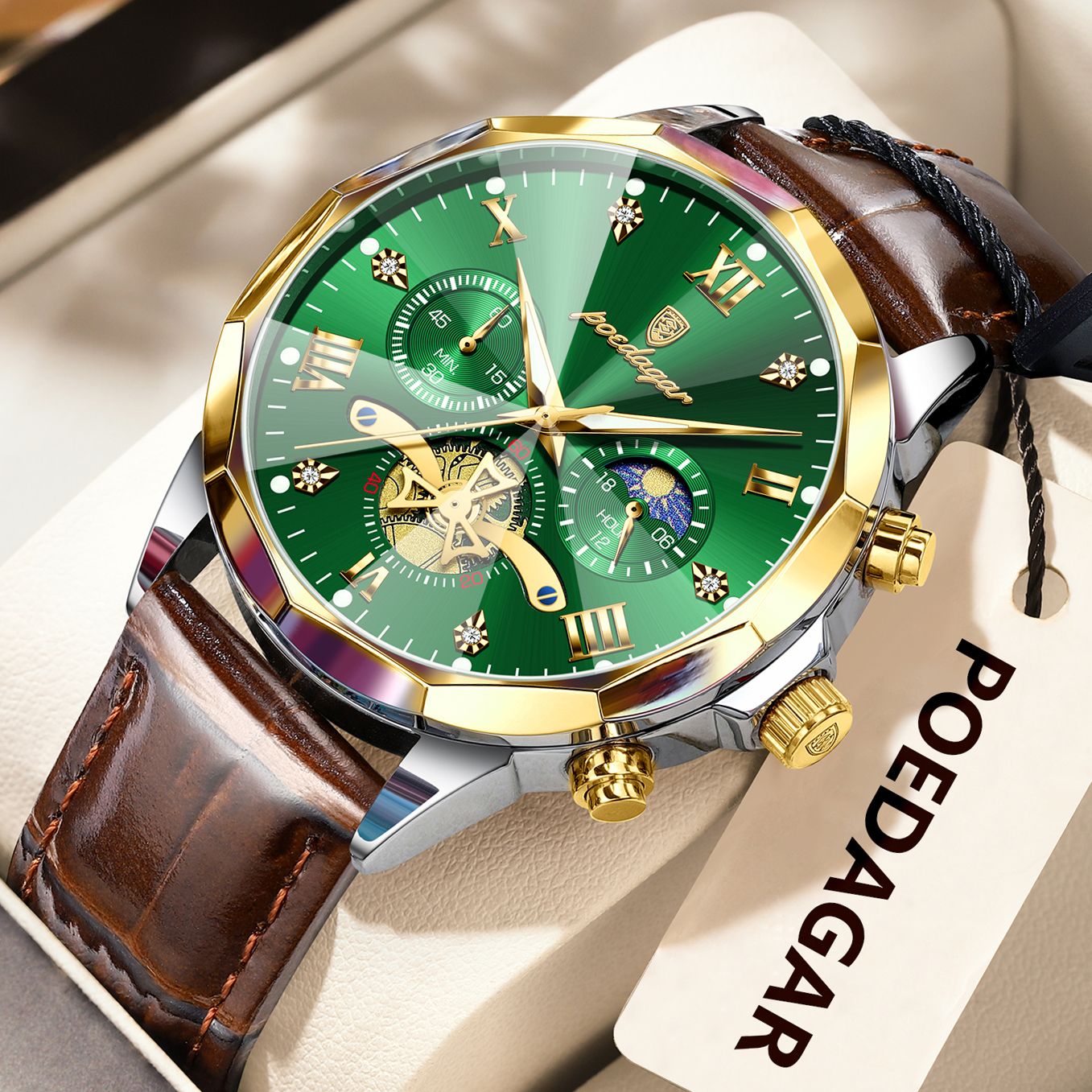 POEDAGAR Relógio de Pulso Militar de Luxo Masculino Quartzo Impermeável Luminoso Cronógrafo Couro Masculino Relógio Esportivo Masculino Relógio Masculino