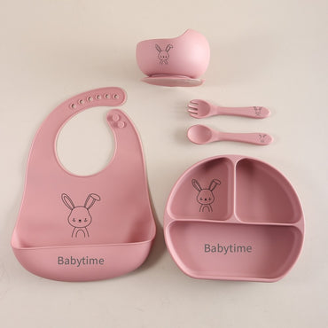 5pcs Bunny Baby Utensils Set, Food Grade Silicone Weaning Set with Bib, Suction Plate, Bowl, Spoon & Fork gift set