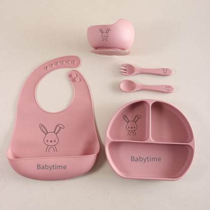 5pcs Bunny Baby Utensils Set, Food Grade Silicone Weaning Set with Bib, Suction Plate, Bowl, Spoon & Fork gift set