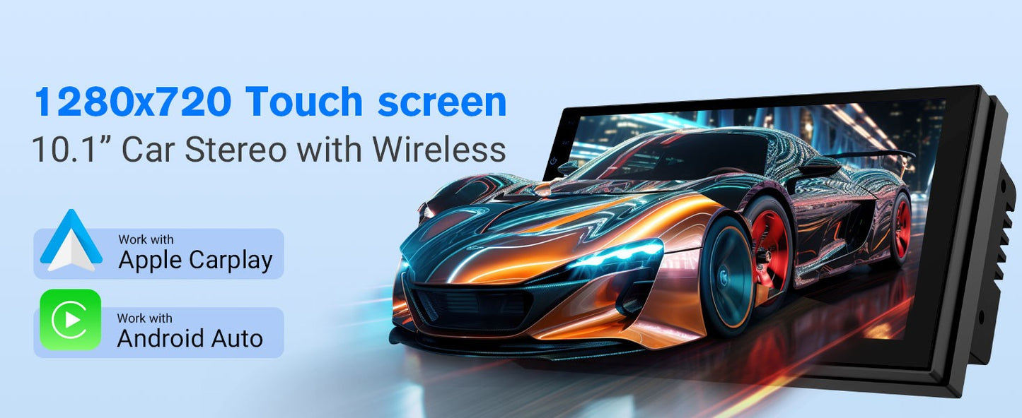 Central Multimídia Automotiva Duplo Din Sem Fio Haudio 10.1" com CarPlay e Android Auto, Rádio Automotivo com BT 4.1/Mirror Link/Câmera de Ré/FM/AM