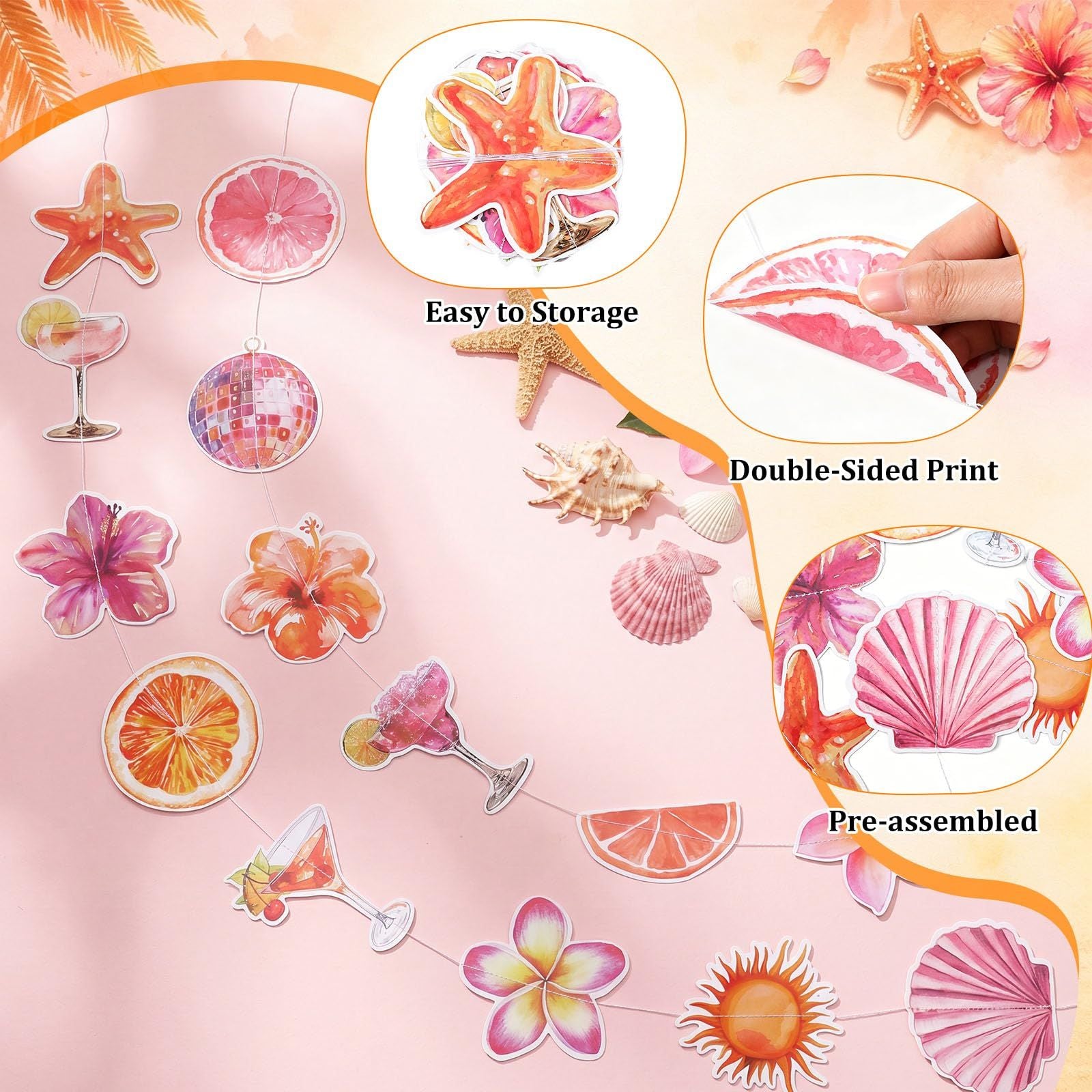 Orange Hawaiian Luau Flowers Lemon Citrus Garland Banner Tropical Aperol Spritz Cocktail Beach Bar Honeycomb ornament Decor