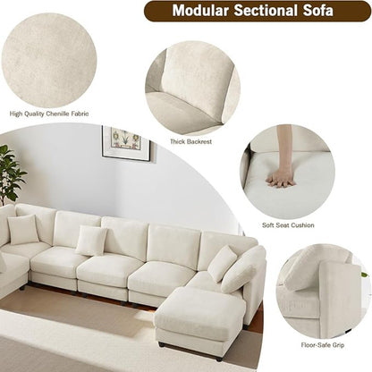 Luxury Oversized Chenille Sofa – 7-Seat Modular Sectional Cloud Couch with Movable Ottoman, Convertible for Living Room