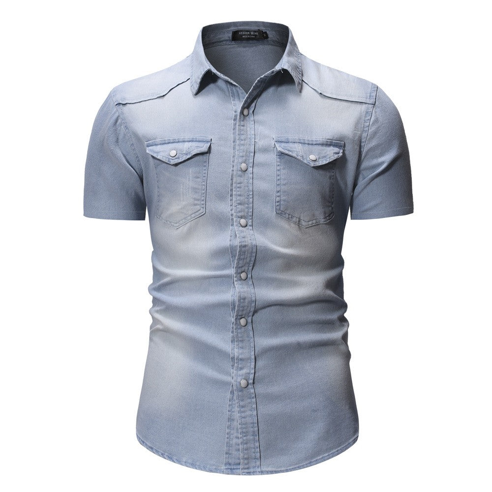 Men Denim Shirts Tops Shirt Short Sleeve Button Turn Down Collar Single Breasted Slim Fit Solid Simple Casual Splice Top 2024