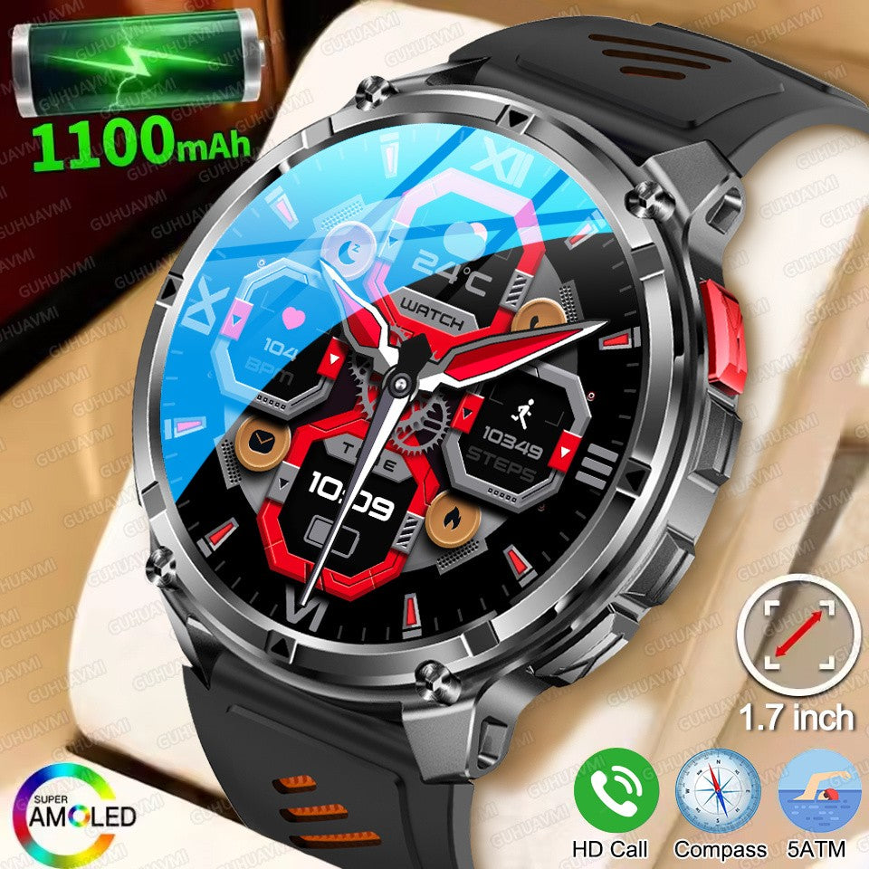 Relógio Inteligente Militar com Bússola GPS Masculino Bateria 1100mAh Lanterna Frequência Cardíaca 100+ Modos Esportivos Chamada Bluetooth Smartwatch à Prova d'Água