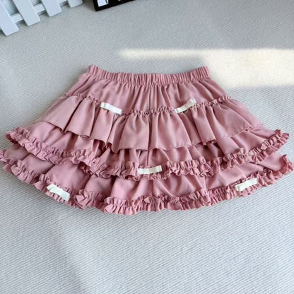 2025 Summer New Versatile Women's Clothing Blue Bow Lace Cake Tutu Mini Skirt Kawaii Pink Sweet Cute Thin A-line Skirts Ladies