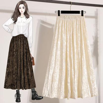 Autumn Winter Girls New A-line Velvet Skirt 2025 Plus Size Gold Velvet Half Pleated Skirt Solid Versatile High Waist Mid Skirt