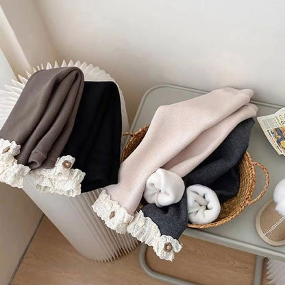 Girls Slim Fit Leggings Kids Cozy Fleece Lined Winter Pants with Decorative Lace Edging Children Outdoor Wear Clothing