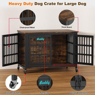Móveis de Caixa para Cães de 48"/42"/33" com Etiqueta de Nome, Canil Interno Pesado para Cães Grandes, Gaiola para Cães à Prova de Fuga e Mastigação