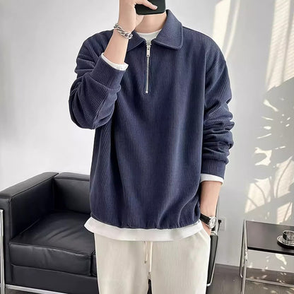 Autumn Vintage Polo Collar Sweater Men's Thickened Loose-Fit Half Zipper Knitwear New Anti-Pilling Flip Pullover Knit Sweaters