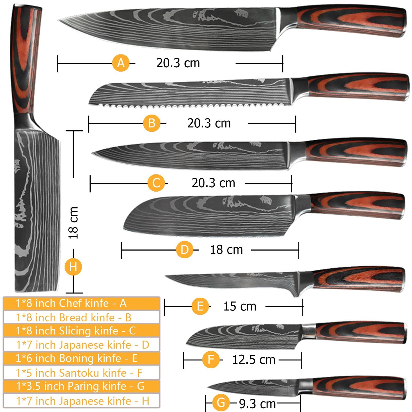 Conjunto de Facas de Chef 1-10 Peças Facas de Cozinha Padrão Damasco a Laser Faca Japonesa Santoku Afiada Cutelo Faca Utilitária para Fatiar
