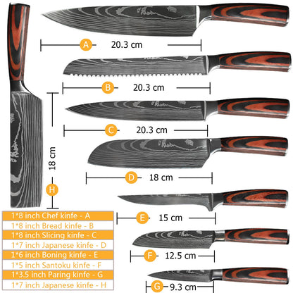 Conjunto de Facas de Chef 1-10 Peças Facas de Cozinha Padrão Damasco a Laser Faca Japonesa Santoku Afiada Cutelo Faca Utilitária para Fatiar