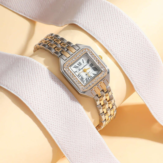 Women Fashion Square Roman Dial Full of Crystals Steel Belt Quartz Watch