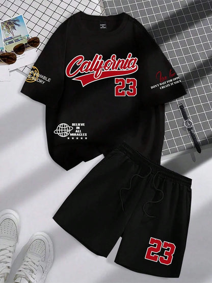 2025 summer new trend men's suit round neck short sleeve set fashion personalized alphanumeric print round neck T-shirt and shor