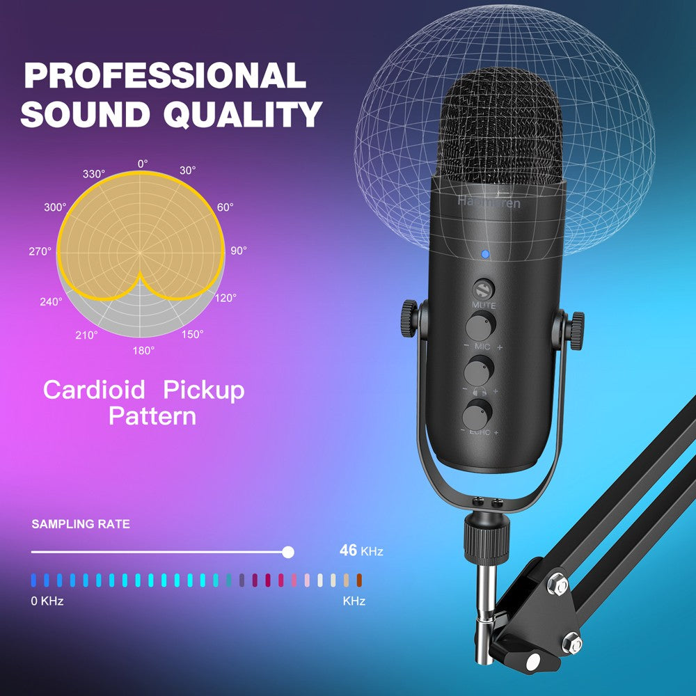 Microfone condensador cardioide profissional Haomuren USB para podcast, streaming, PC, estúdio, kit com braço articulado para gravação no YouTube