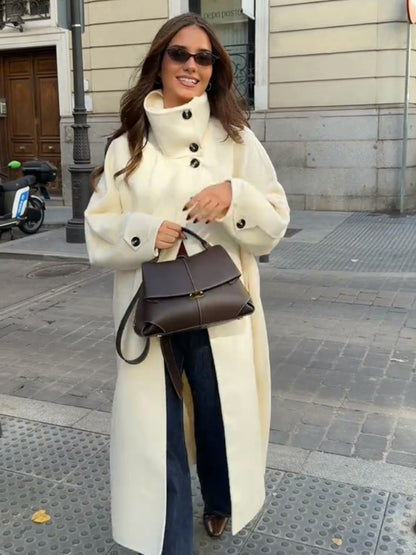 Stand Collar Single Breasted Split Long Coat Women Oversize Elegant Long Sleeve 2025 Autumn Female Outerwear Office Overcoat