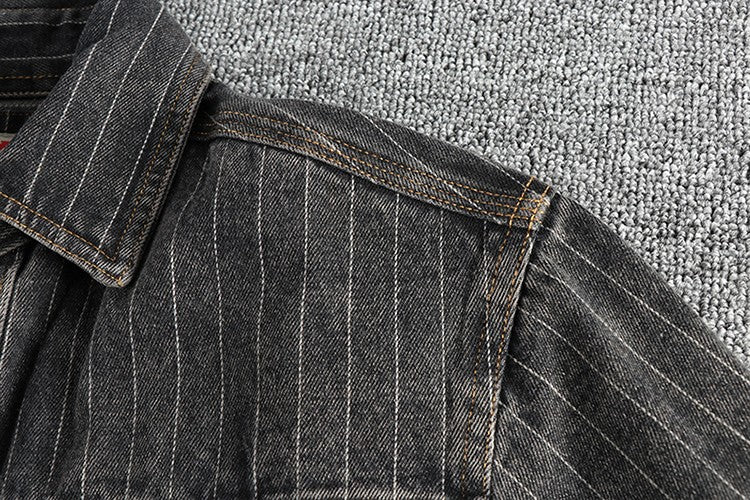 Heavy British retro black gray striped denim shirt for men new autumn end single cargo pocket shirt coat