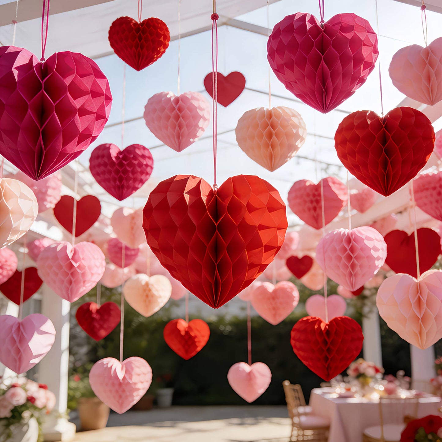 10 pcs Valentine's Day heart-shaped paper felt balls, party hanging ornaments, - red and pink honeycomb balls, wedding, birthday