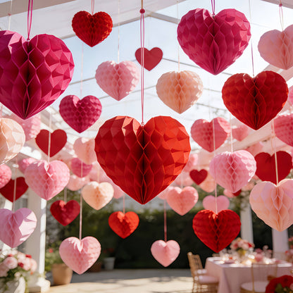 10 pcs Valentine's Day heart-shaped paper felt balls, party hanging ornaments, - red and pink honeycomb balls, wedding, birthday