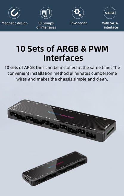 Teucer 1 to 10 12V/4Pin PWM 5V/3Pin Addressable ARGB Hub Splitter Adapter SATA Power Supply Interface  Concentrator For Case Fan