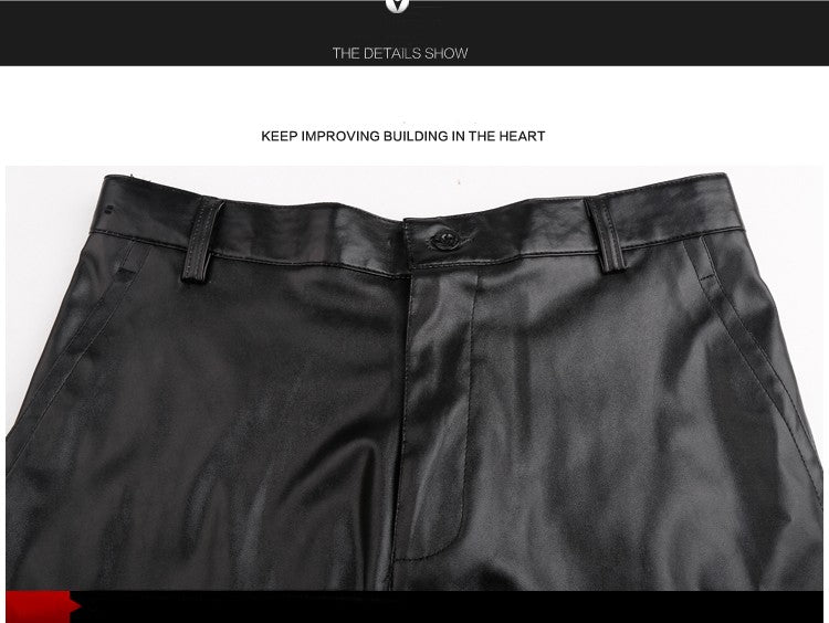 Men's Leather Pants Straight Fit Elastic PU Leather Trousers Motorcycle Pants Thin