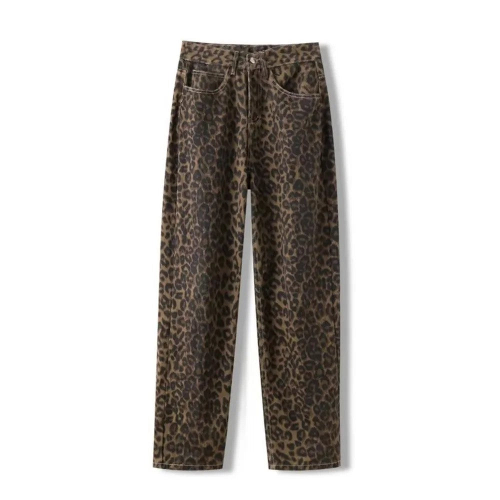 American vintage leopard print jeans female autumn winter new design sense small straight tube overalls casual pants