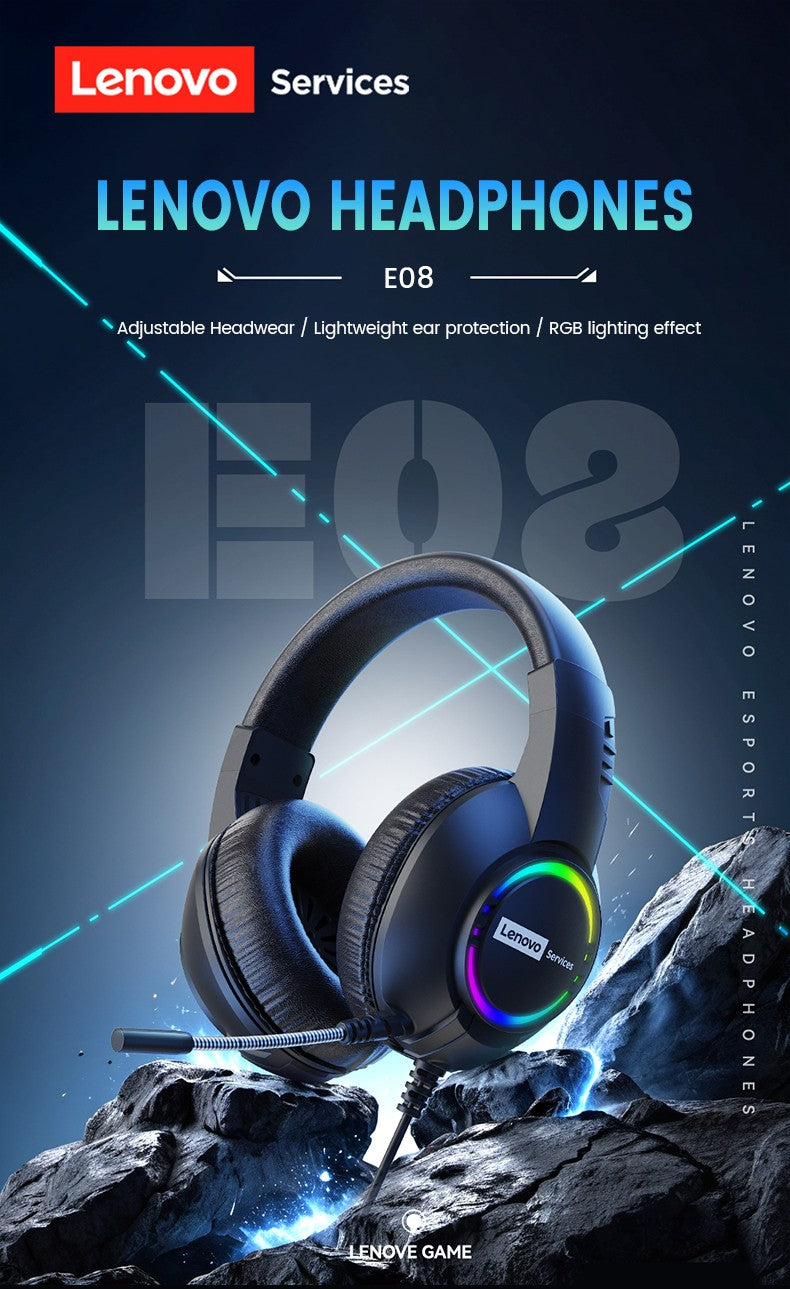 Fone de ouvido gamer com fio Lenovo E08 com microfone, luz RGB para computador e laptop, efeitos de som surround virtual 7.1, headset para E-sports