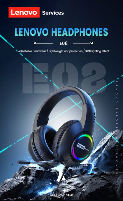 Fone de ouvido gamer com fio Lenovo E08 com microfone, luz RGB para computador e laptop, efeitos de som surround virtual 7.1, headset para E-sports