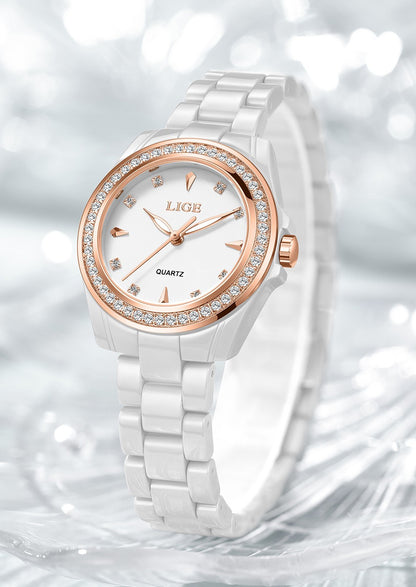 LIGE Fashion Elegant Watch for Women Ceramics Strap Diamond wristwatch Luxury Ladies Bracelet Quartz Watches Gifts Reloj Mujer