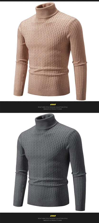 Autumn and Winter Men's Sweater Thin Elastic Fine Knitted Warm Top Versatile High Neck Solid Color Tight Fitting Pullover Top