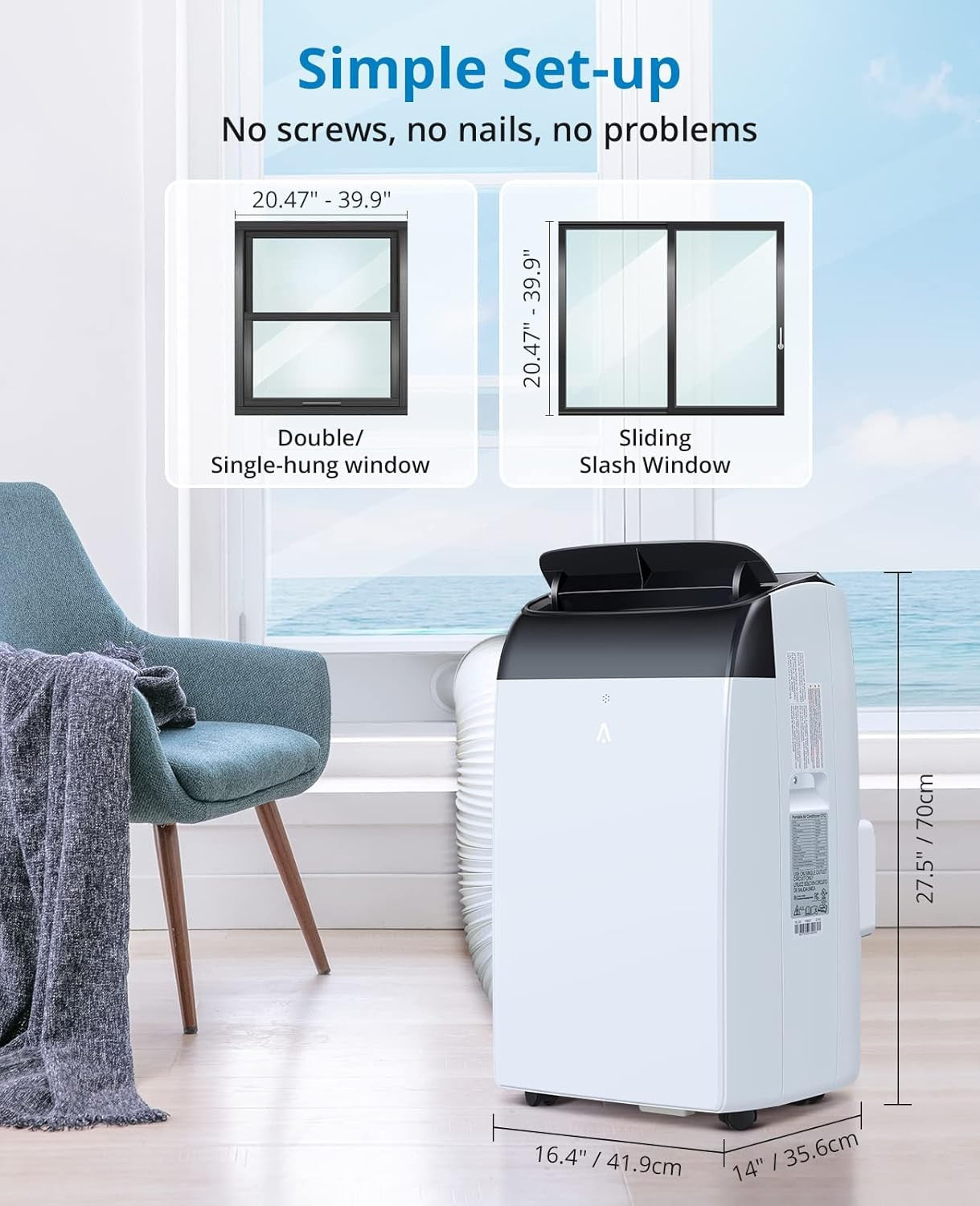 Ar Condicionado Portátil 14000 BTUs, Unidade AC de Resfriamento 3 em 1 Independente com Ventilador, Desumidificador, Controle Remoto, Modo de Sono