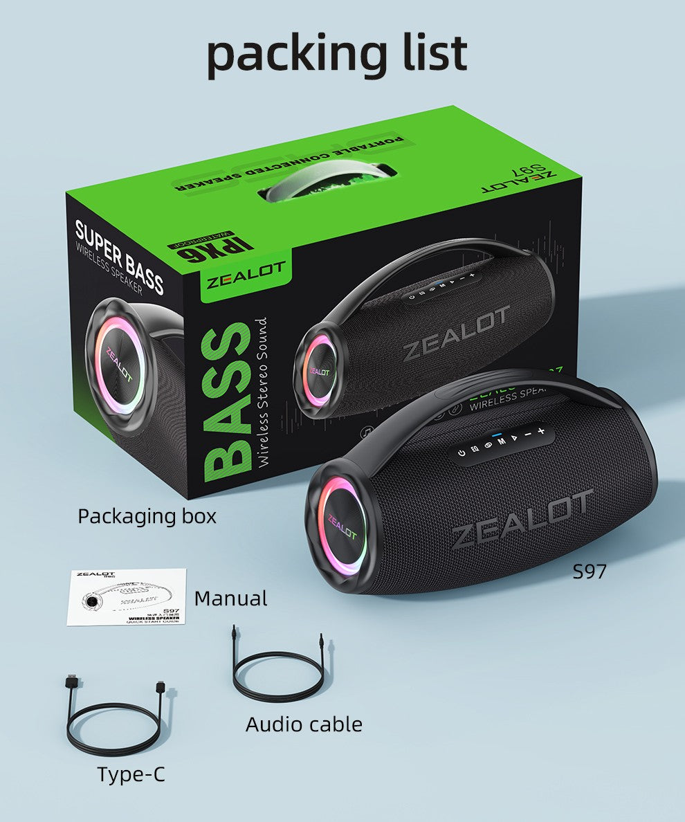 Caixa de som sem fio ZEALOT S97 80W, alto-falante subwoofer portátil para uso externo, qualidade de som Hi-fi, emparelhamento duplo, carregamento rápido, 16000mAh.
